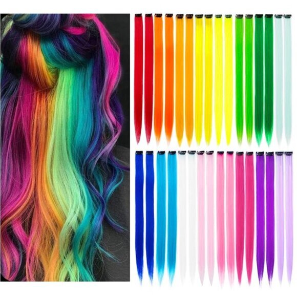New 32Pcs 20 Inch Colored Clip-in Hair Extensions, Rainbow Highlights for Girls - Picture 1 of 9